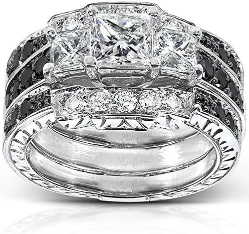 Gems Jewels 925 Sterling Silver 2.40 Ct Princess Cut White & Black Diamond Wedding Engagement Valentine's Anniversary Christmas Bridal Ring Set 14K White Gold Plated For Women's -5
