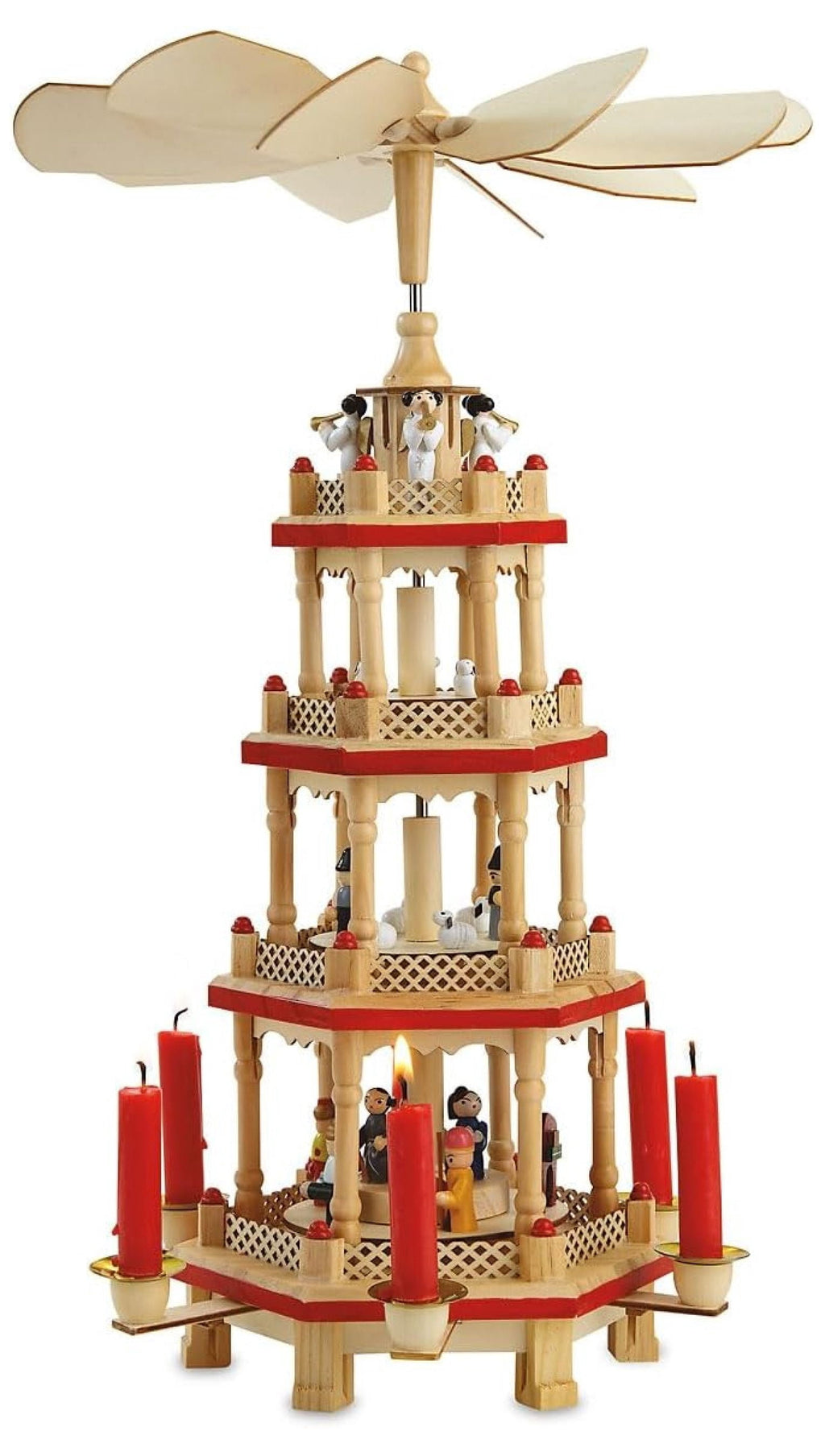 German Christmas - 17 Inch Spinning Nativity Table Top Holiday Décor, 4-Tier Carousel with Candle Holders