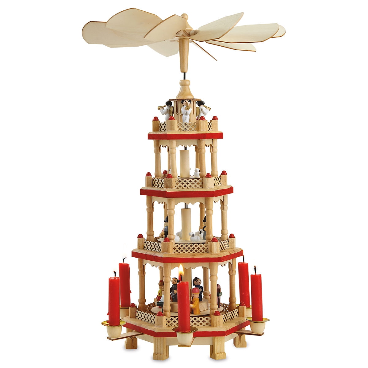 German Christmas Pyramid, 17.5" Tabletop Nativity with Candle Holders, Holiday Decor, Brown