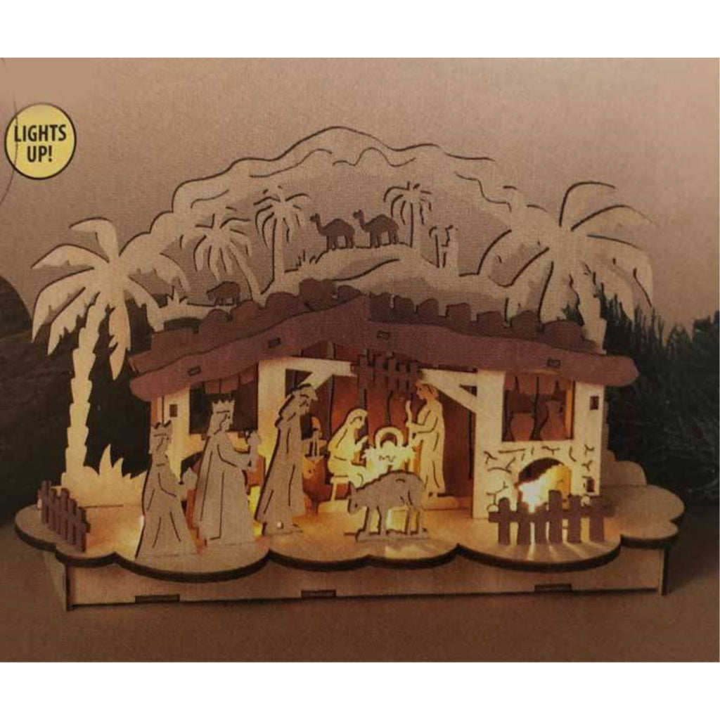 Gerson Company 12 Inch Battery Operated Lighted Wood Tabletop Nativity Scene