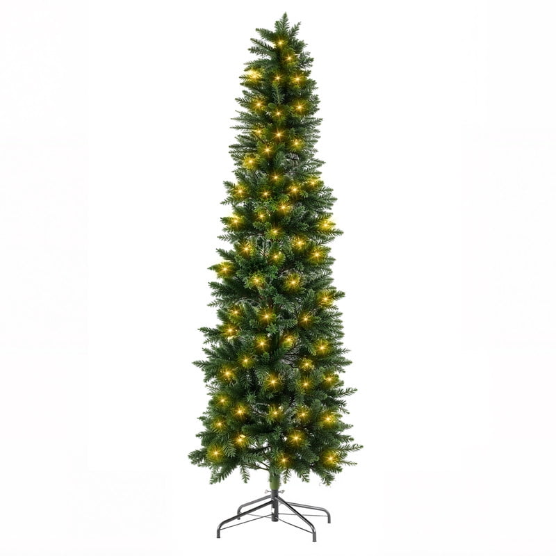 Gianna 4.5ft Pre-lit Pencil Christmas Tree, Green Artificial Spruce Slim Christmas Trees with 120 Incandescent Lights, 268 Branch Tips & Foldable Base for Home, Office, Party Decoration