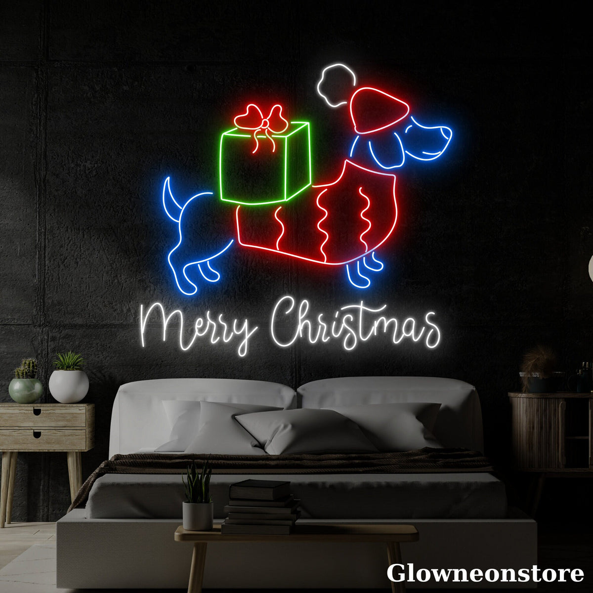 Glowneon Dachshund Christmas Neon Sign, Dachshund LED Sign, Merry Christmas Sign, Christmas Décor
