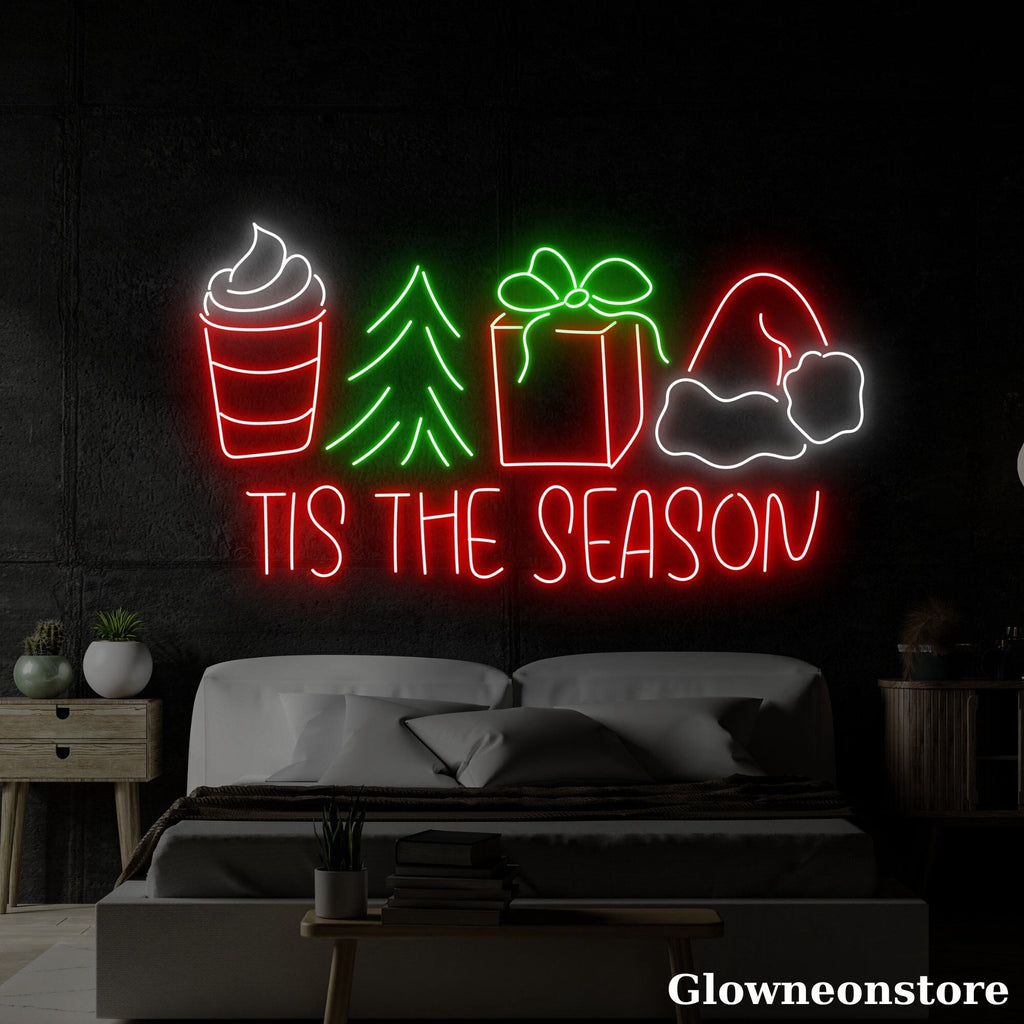 Glowneon Tis The Season Neon Sign, Merry Christmas Sign, Coffee Shop Wall Decor, Santa Hat Neon