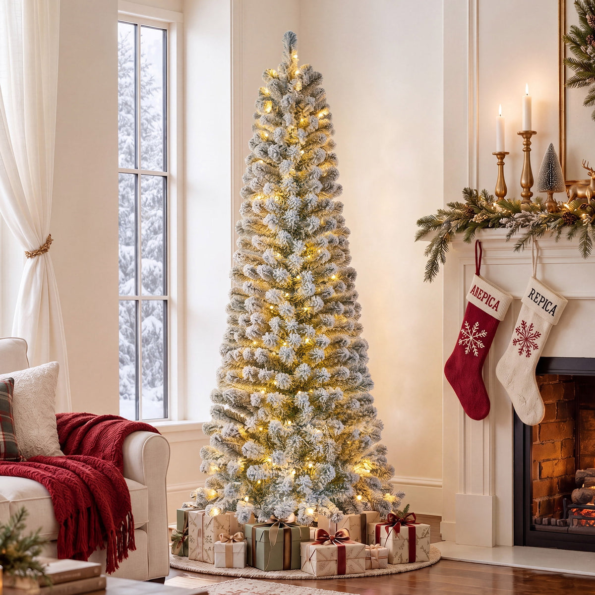 Goosiay 7ft Snow Flocked Pencil Christmas Tree, Pre-Lit Artificial Christmas Tree with 640 Tips,300 Warm White & Multicolor Lights, 10 Modes, Slim Xmas Tree with Stand