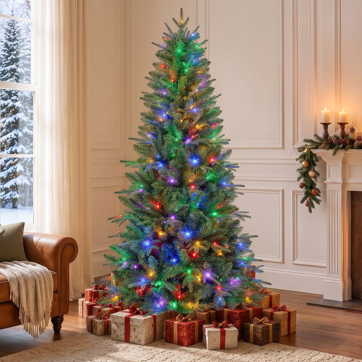 Goosiay 6ft Pre-Lit Christmas Tree, Artificial Aspen Fir Xmas Tree with 1300 PE PVC Branch Tips & Folding Metal Stand, Festive Decoration Tree for Home, Office & Carnival, Green