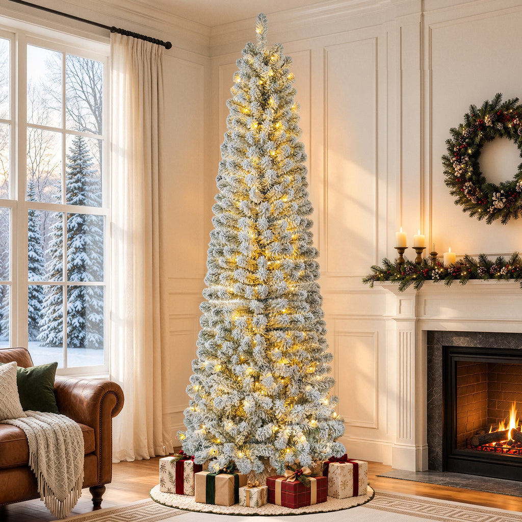 Goosiay 7ft Snow Flocked Pencil Christmas Tree, Pre-Lit Artificial Christmas Tree with 640 Tips,300 Warm White & Multicolor Lights, 10 Modes, Slim Xmas Tree with Stand