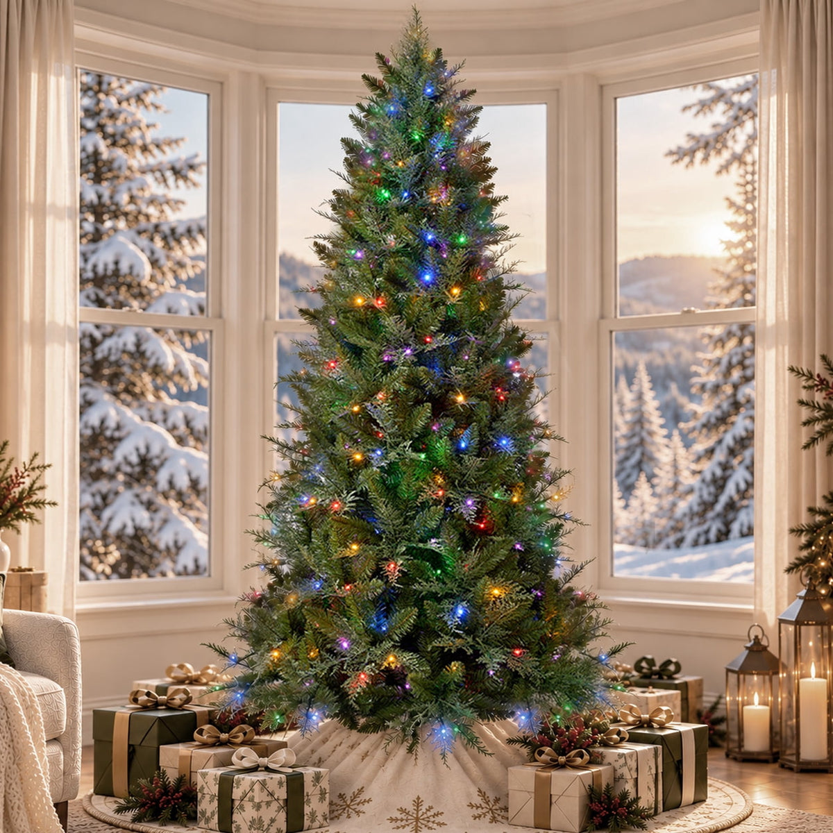 Goosiay 6FT Pre-Lit Artificial Christmas Tree, Slim Cypress Christmas Tree with Realistic Branches, 877 PE & PVC Tips and 250 Lights for Living Room, Office, Bedroom and Indoor Holiday Decor