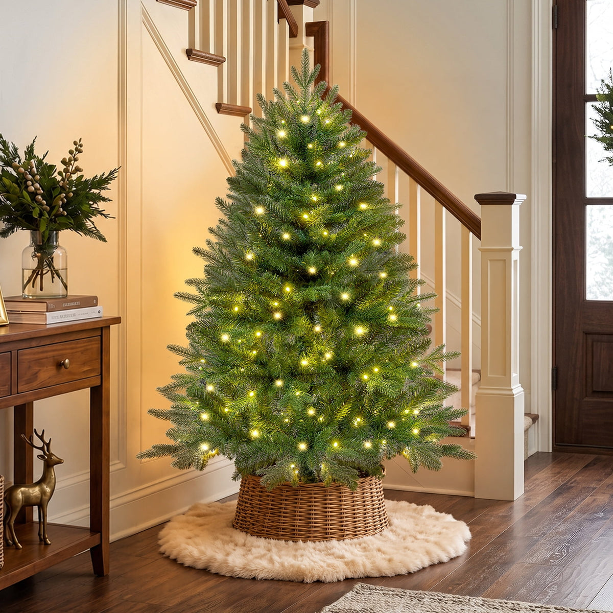 Goosiay Pre-Lit Hinged Artificial Christmas Tree with 100 Warm White and Multicolor LED Lights, PE & PVC Mixed Tips, 4 ft