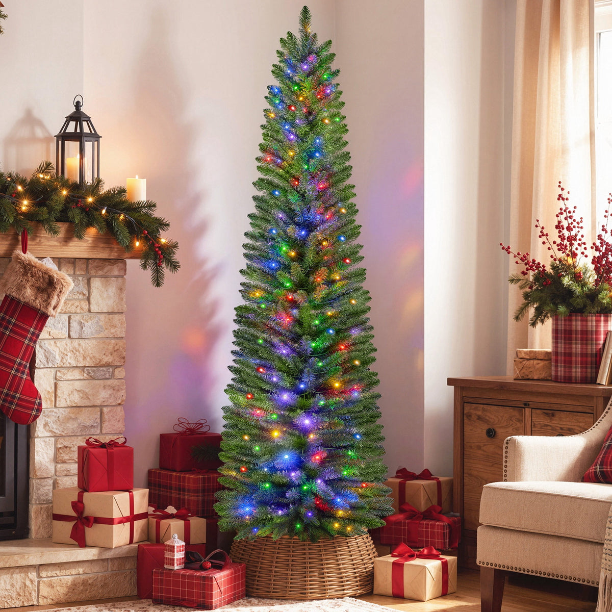 Goosiay Pre-Lit Pencil Artificial Christmas Tree, 6ft Xmas Tree with Metal Stand for Christmas Decoration, Green