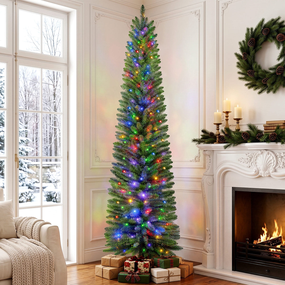 Goosiay Pre-Lit Pencil Artificial Christmas Tree, 6ft Xmas Tree with Metal Stand for Christmas Decoration, Green