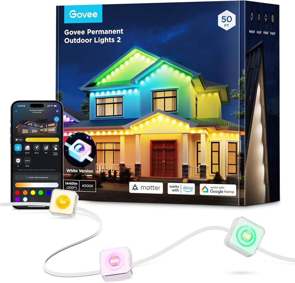 Govee Permanent Outdoor Light 2 (Elite), RGBICW 16 Million Colors Outside Lights with 100 preset modes,IP67 Waterproof,Holiday Decorations For Christmas,Google,Alexa Support,50ft,White