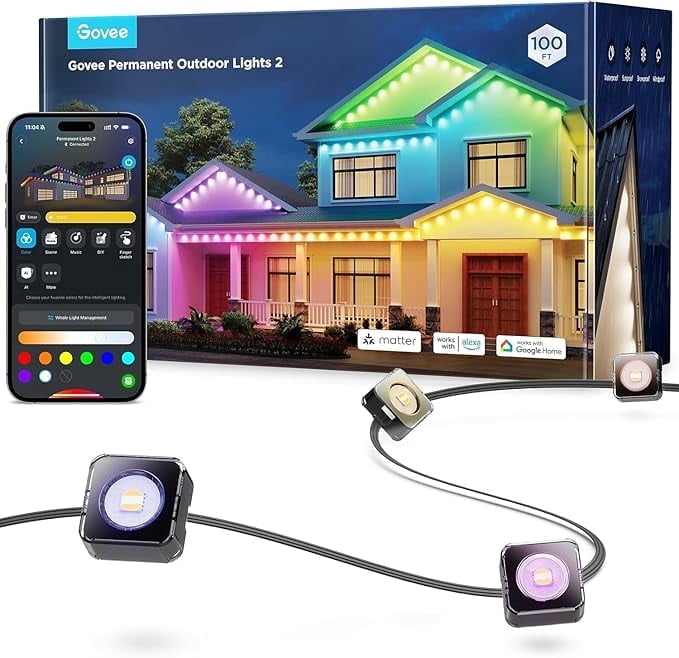 Govee Permanent Outdoor Light 2 (Elite), RGBICW 16 Million Colors Outside Lights with 100 preset modes,IP67 Waterproof,Holiday Decorations For Christmas,Google,Alexa Support,100ft,Black