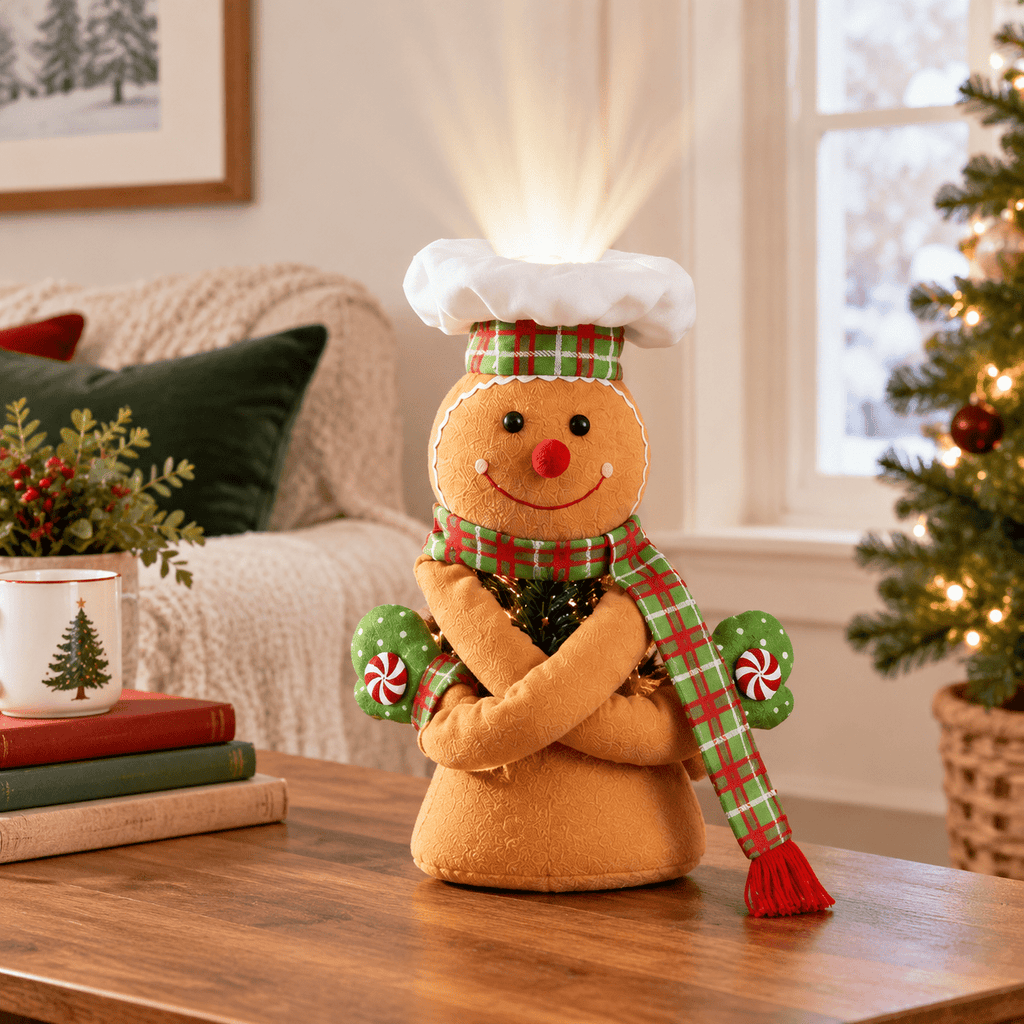 Green White Plush Gingerbread Man Christmas Tree Topper with Rotating LED Light