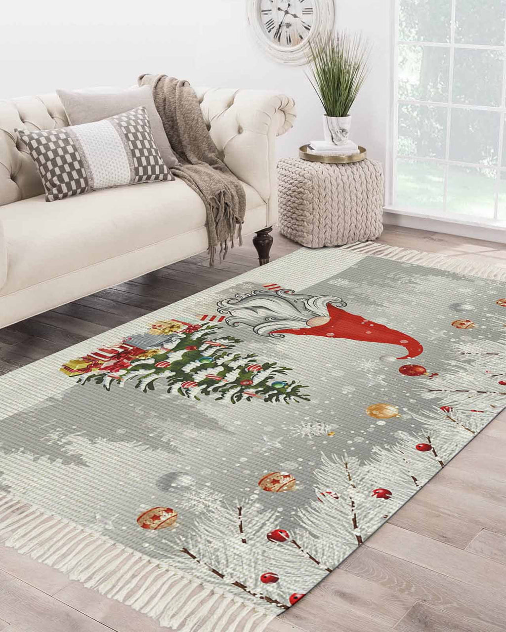 Grey Red Christmas Large Area Rug 4x6ft Woven Runner Rug,Snowflake Gnomes Xmas Tree Winter Gifts Living Room Bedroom Kitchen Bathroom Classroom Carpet with Tassels,Indoor Outdoor Throw Door Mat