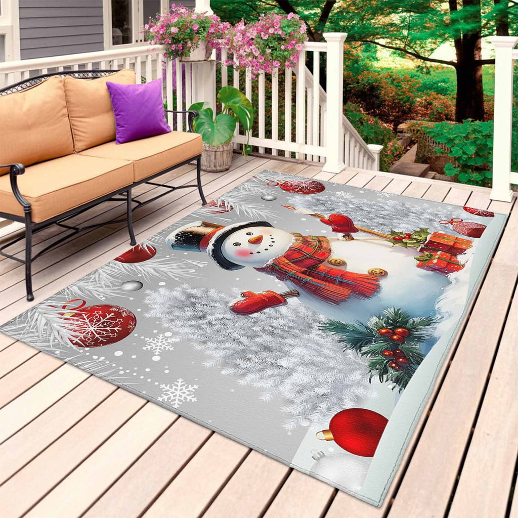 Grey Snowman Christmas Outdoor Rug for Patio/Deck/Porch, Non-Slip Large Area Rug 4 x 6 Ft, Xmas Tree Red Balls Snowflake Indoor Outdoor Rugs Washable Area Rugs, Reversible Camping Rug Carpet Runner