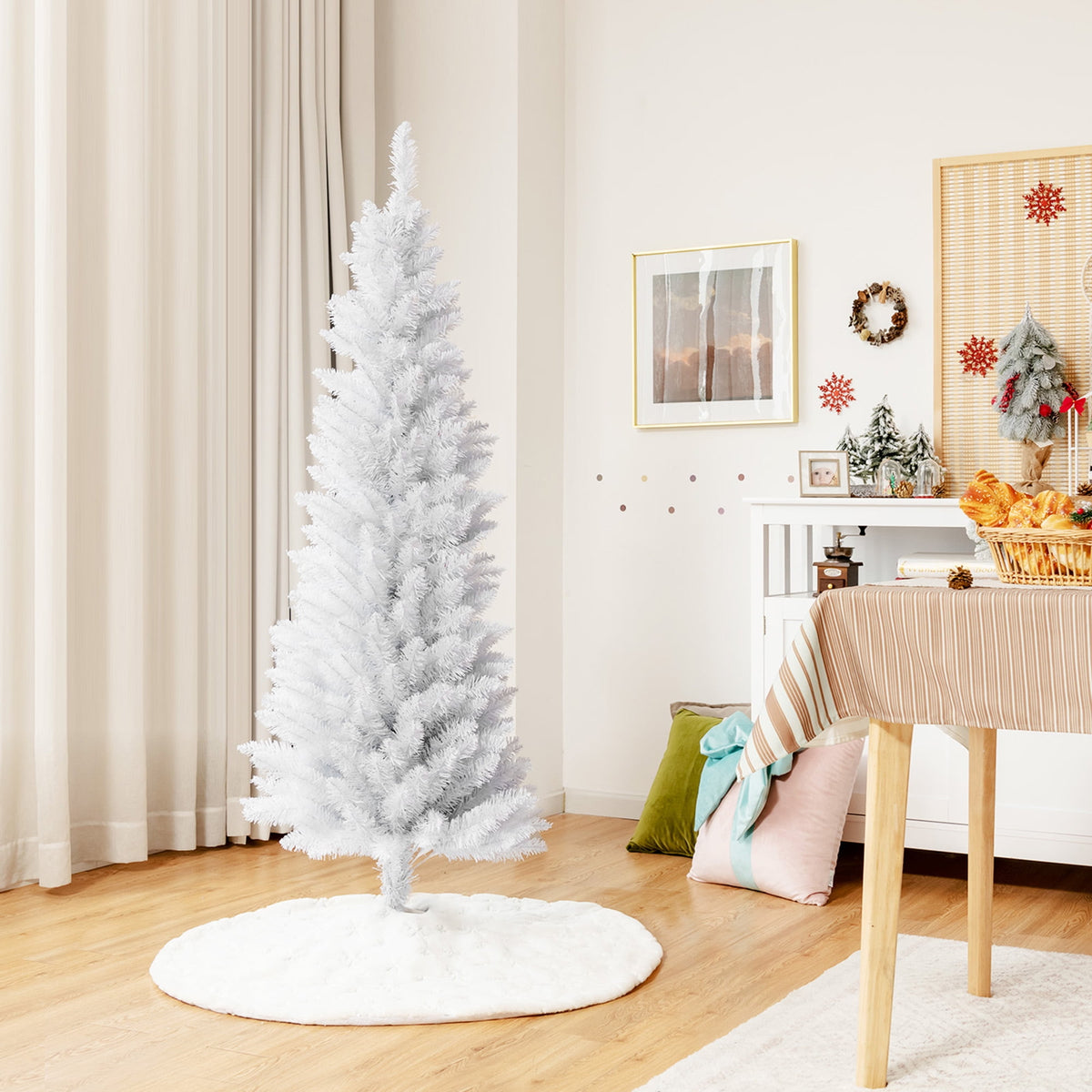 Gymax 5 FT Artificial Pencil White Christmas Tree Leafy Unlit Slim Xmas Tree