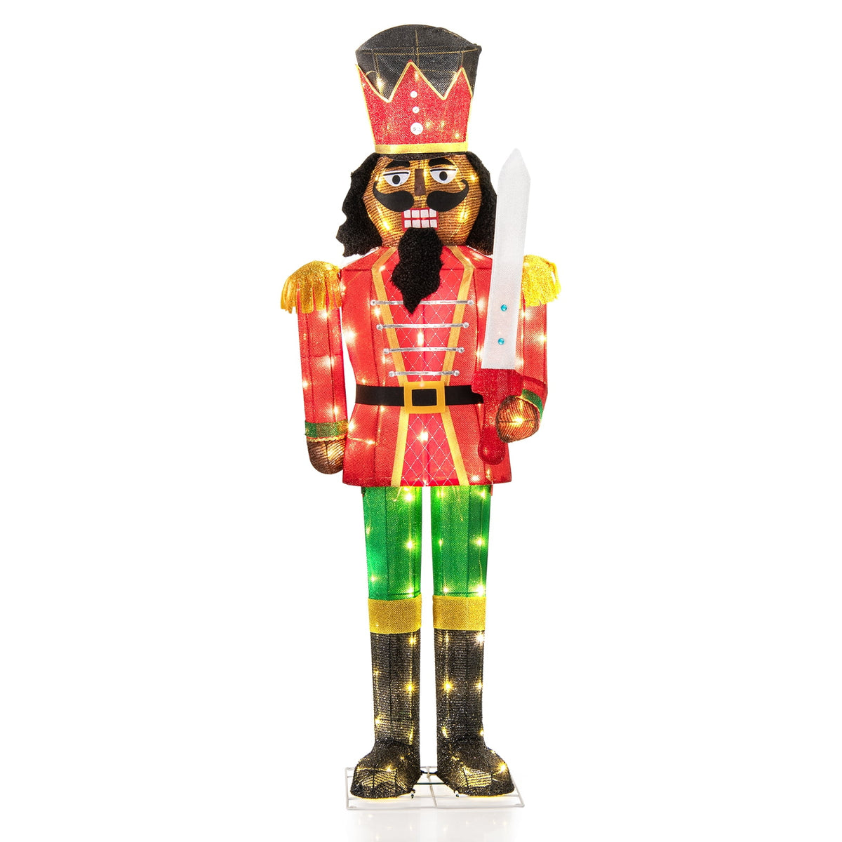 Gymax 5 FT Lighted Christmas Nutcracker w/Glitter Sword 100 LED Lights Ground Stakes