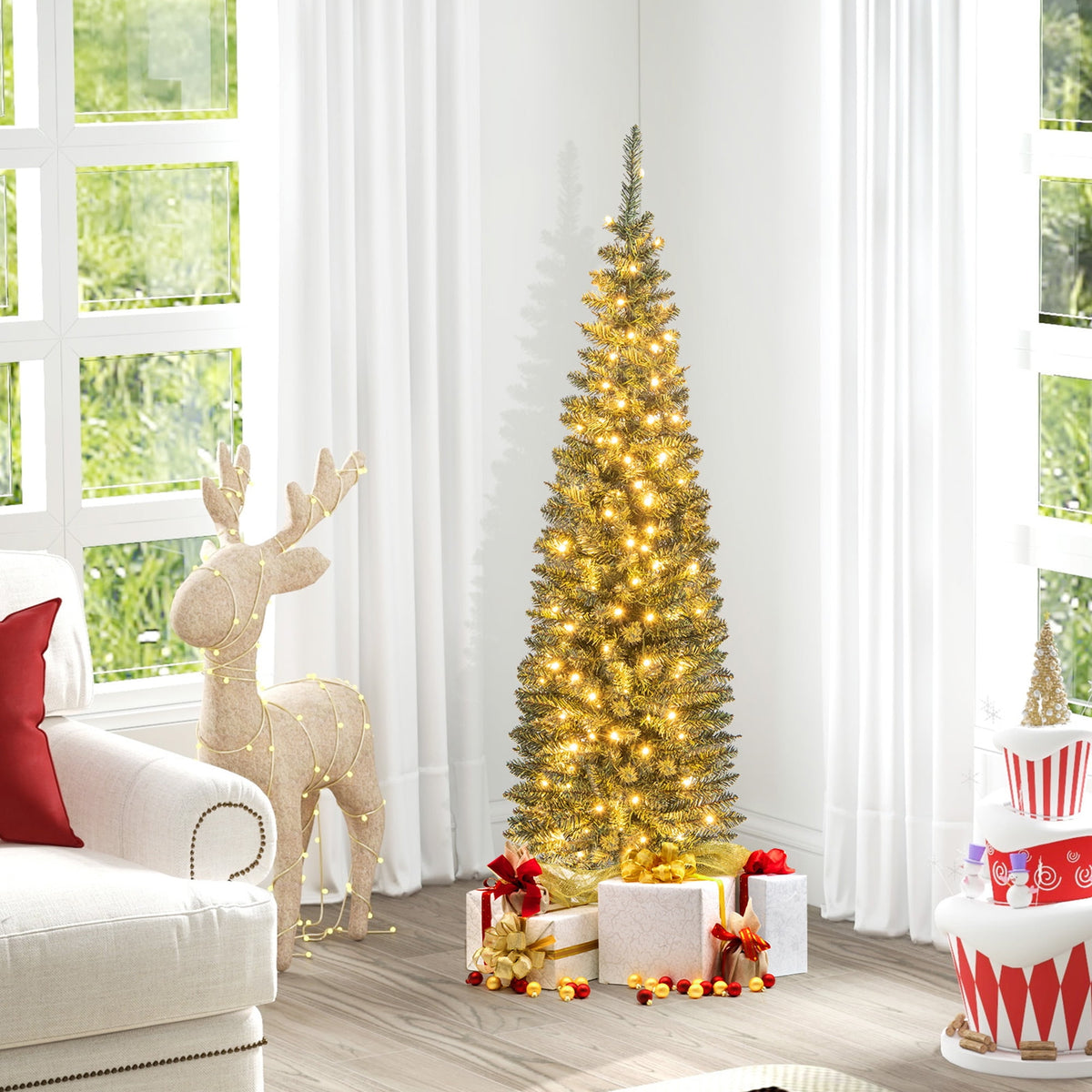 Gymax 9 FT Pre-Lit Artificial Christmas Tree Realistic Slim Pencil Xmas Tree