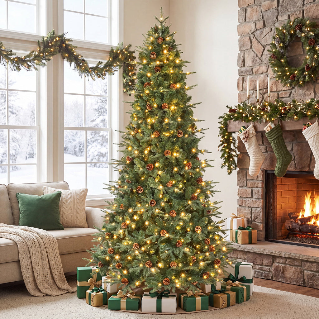 Gymax 7.5 FT Pre-Lit Artificial Christmas Tree, Realistic Xmas Tree w/ 540 Warm White LED Lights 1125 Dense Branch Tips