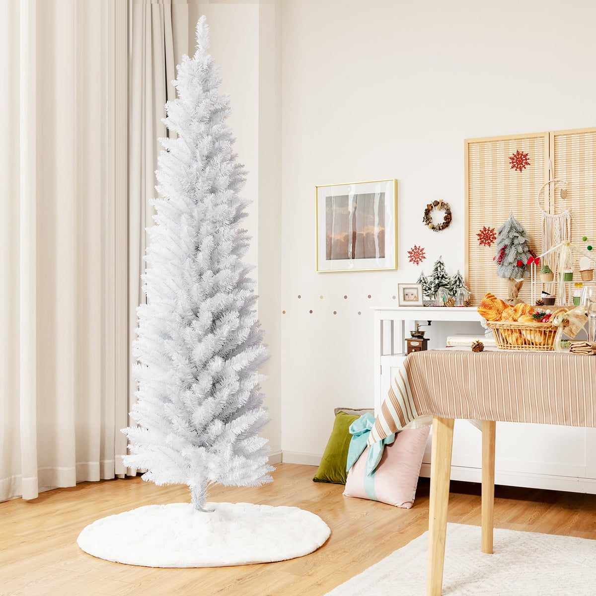 Gymax 5 FT Artificial Pencil White Christmas Tree Leafy Unlit Slim Xmas Tree