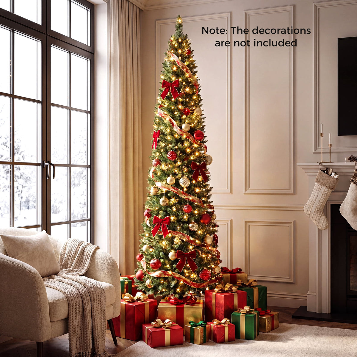 Gymax 9 FT Pre-Lit Artificial Christmas Tree Realistic Slim Pencil Xmas Tree