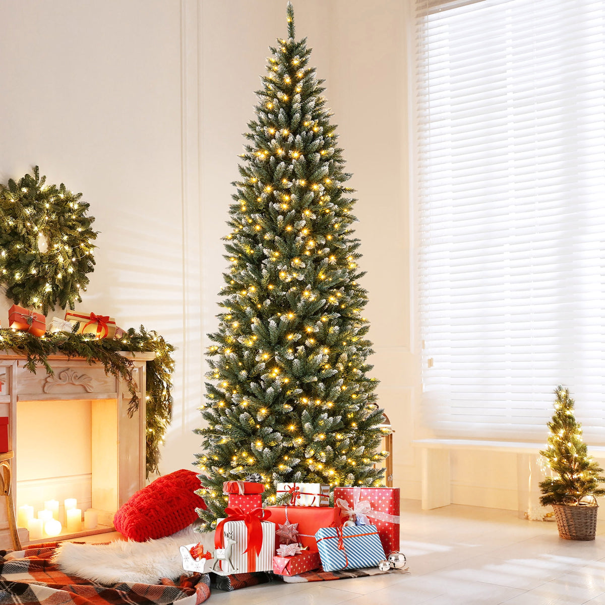 Gymax 9 FT Pre-Lit Artificial Christmas Tree Hinged Slim Pencil Xmas Tree w/ 1298 Snowy Branch Tips
