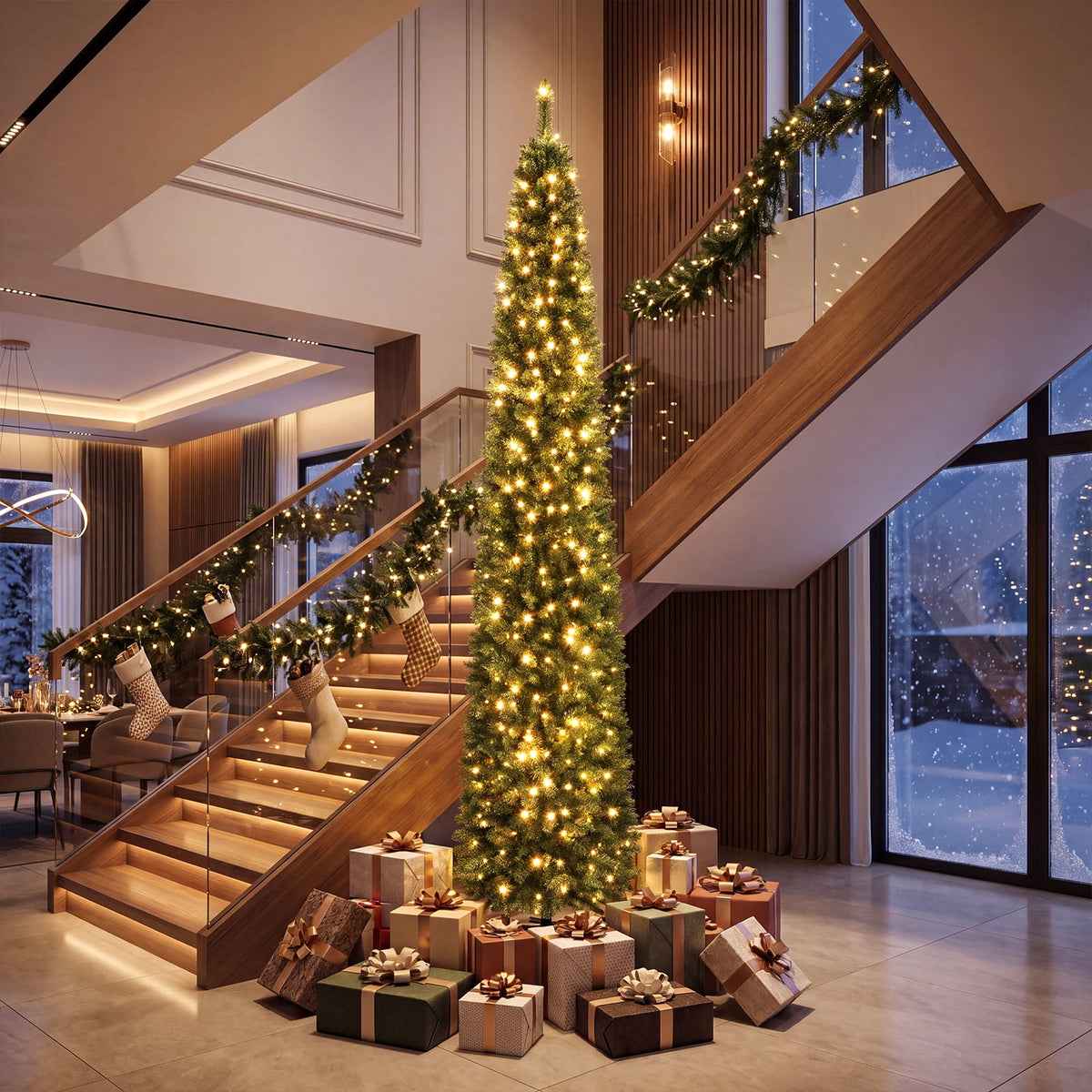 Gymax 9 FT Pre-Lit Artificial Christmas Tree Realistic Slim Pencil Xmas Tree