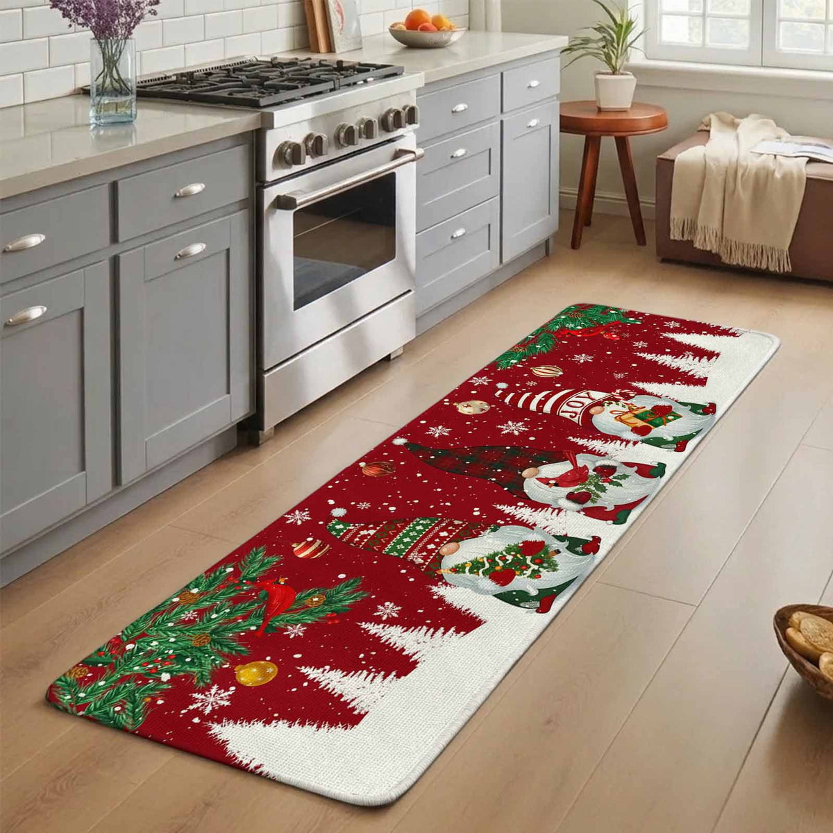 Hallway Runner Rug 31.5"x78.7",Christmas Gnomes Absorbent Non Slip Indoor Outdoor Carpet,Red Joy Pine Branches Cardinal Birds Low Profile Runner Rugs for Corridor Kitchen Laundry Room Entryway