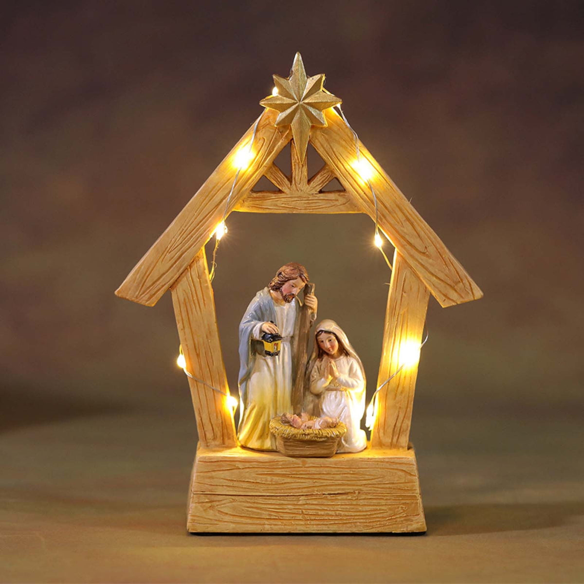 Holloyiver Christmas Nativity Scene with LEDs Lights, 7.5 Inch Lighted Up Resin Holy Family Nativity Figures Set, Indoor Manger Scene Religious Decor Gift for Home Tabletop Mantle Fireplace