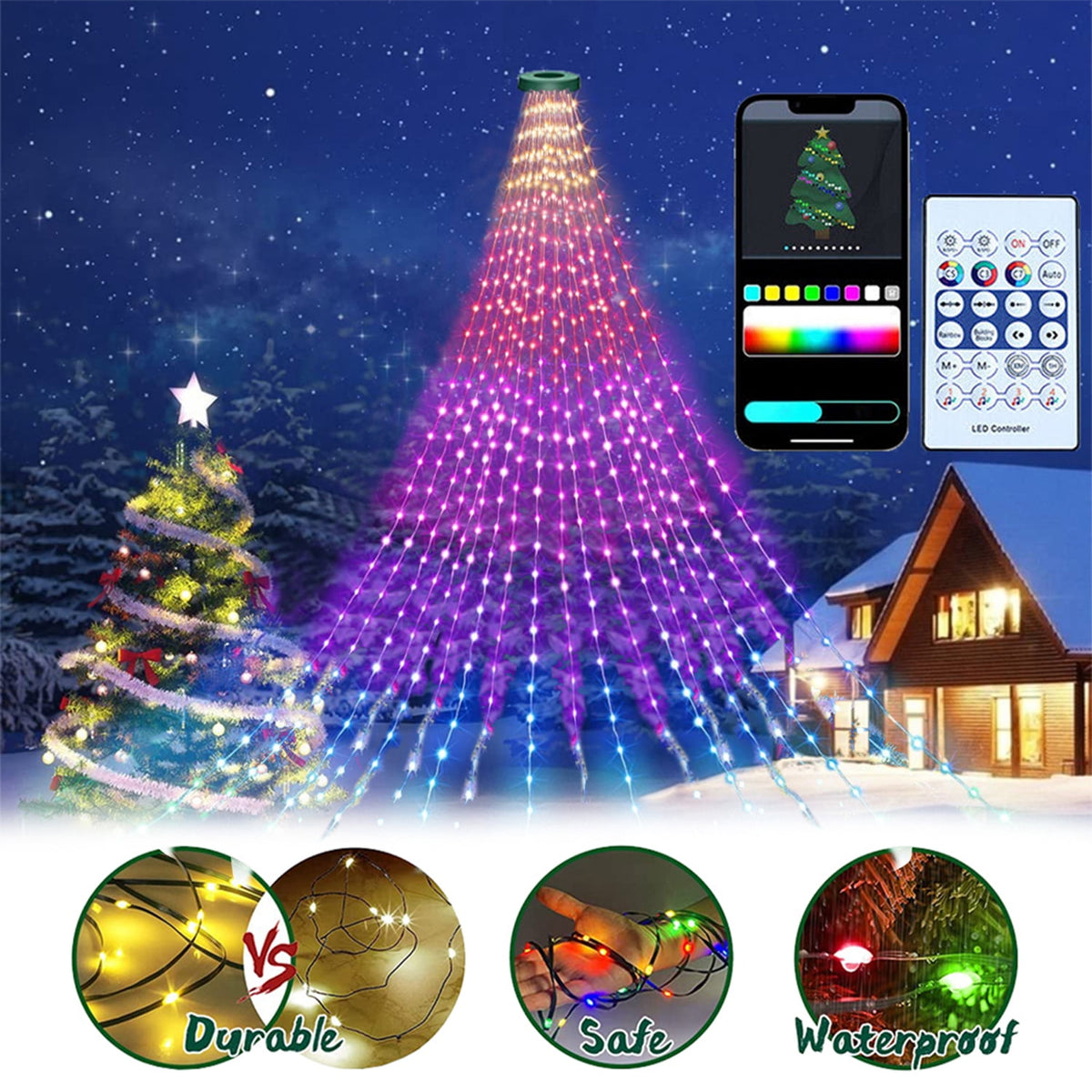 IC ICLOVER Christmas String Lights, 6.56FT x 400LEDs Waterfall String Lights, App Control with Remote, 10 Modes Christmas Tree Lights Waterproof for Indoor Outdoor Xmas Decorations