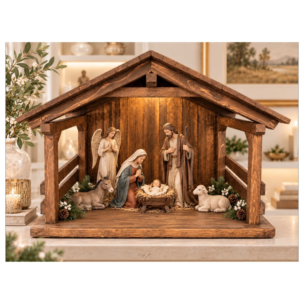 JacobsWoodDesigns Wood Nativity Stable Creche Decorative Collectible Large 1 Piece