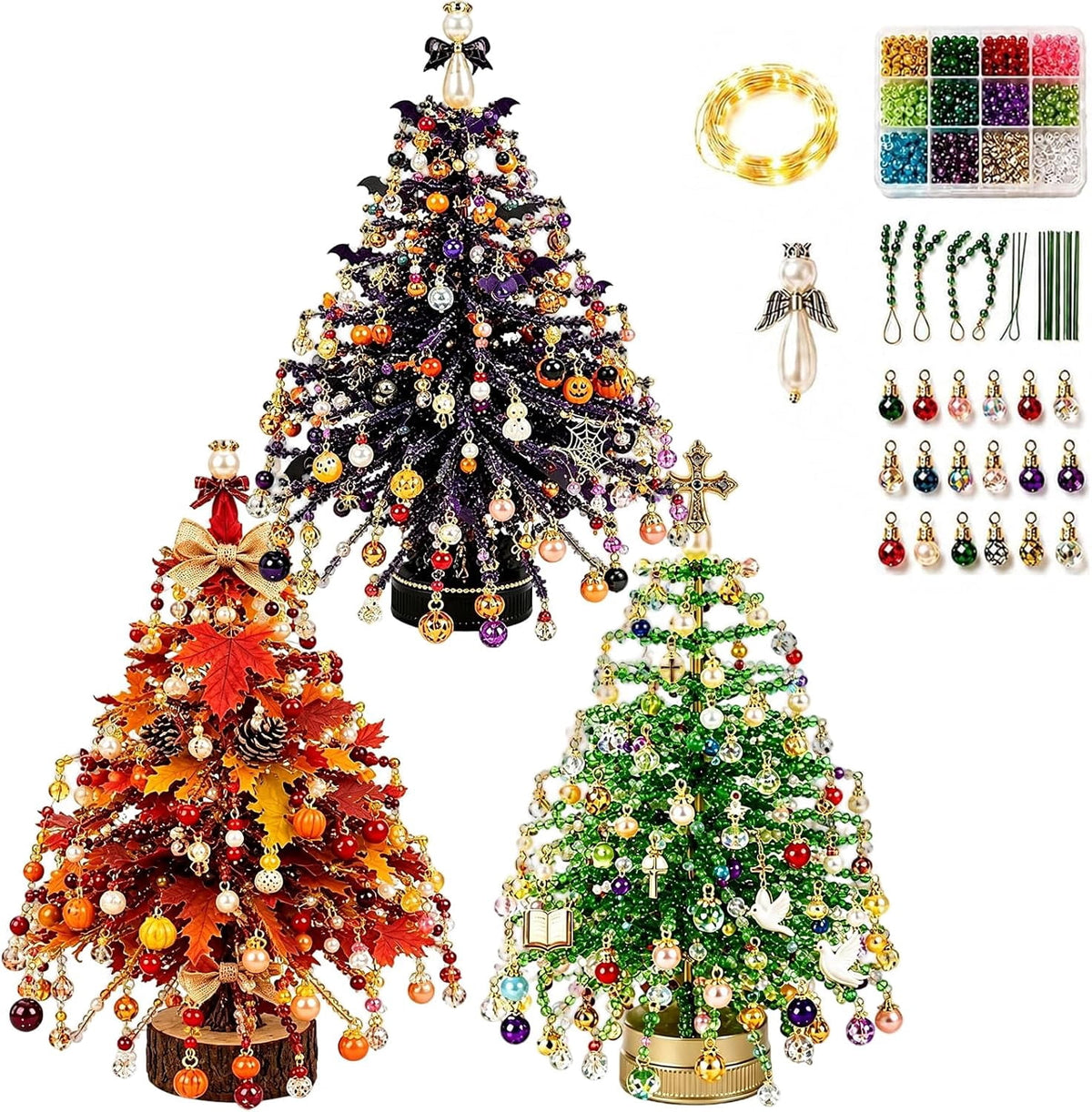 Jingle Beads, Beaded Xmas Tree Kit, Crystal Beaded Christmas Tree Lamp Kit, DIY Beaded ChristmasTree Kits Light Up, Metal Frame & Angel Topper Included, Tabletop Mini Decor