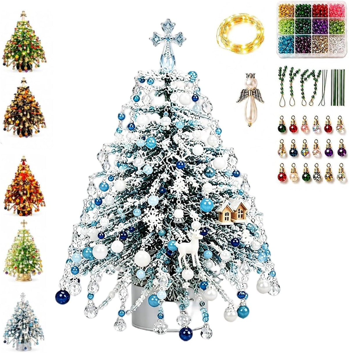 Jingle Beads, Beaded Xmas Tree Kit, Crystal Beaded Christmas Tree Lamp Kit, DIY Beaded ChristmasTree Kits Light Up, Metal Frame & Angel Topper Included, Tabletop Mini Decor