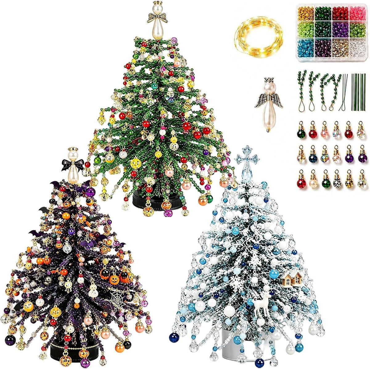 Jingle Beads, Beaded Xmas Tree Kit, Crystal Beaded Christmas Tree Lamp Kit, DIY Beaded ChristmasTree Kits Light Up, Metal Frame & Angel Topper Included, Tabletop Mini Decor