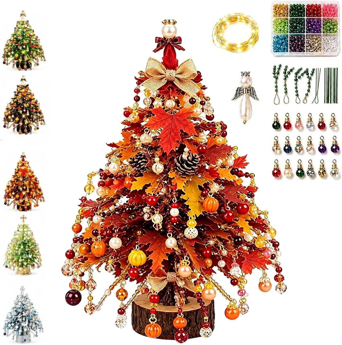 Jingle Beads, Beaded Xmas Tree Kit, Crystal Beaded Christmas Tree Lamp Kit, DIY Beaded ChristmasTree Kits Light Up, Metal Frame & Angel Topper Included, Tabletop Mini Decor