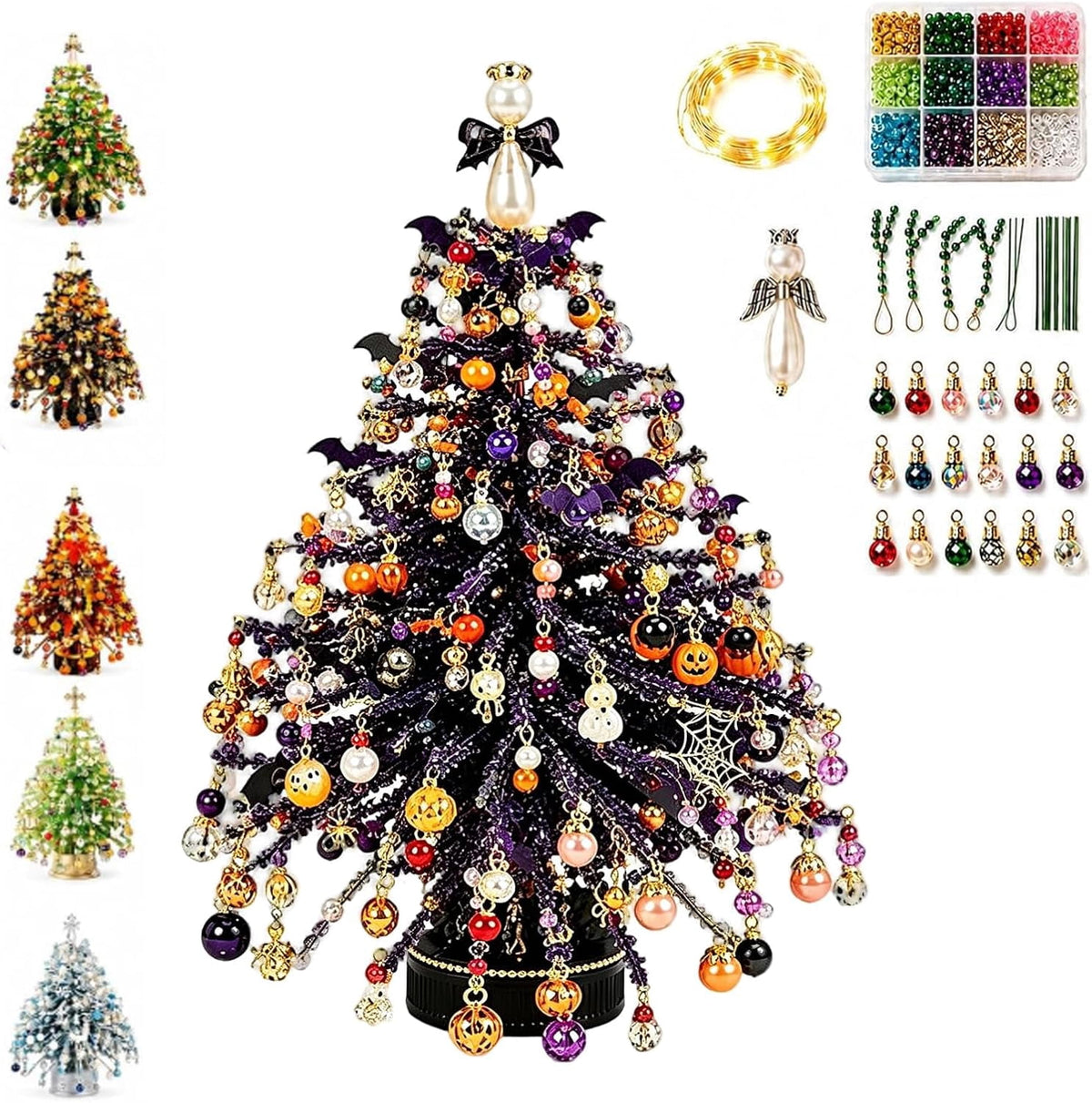 Jingle Beads, Beaded Xmas Tree Kit, Crystal Beaded Christmas Tree Lamp Kit, DIY Beaded ChristmasTree Kits Light Up, Metal Frame & Angel Topper Included, Tabletop Mini Decor