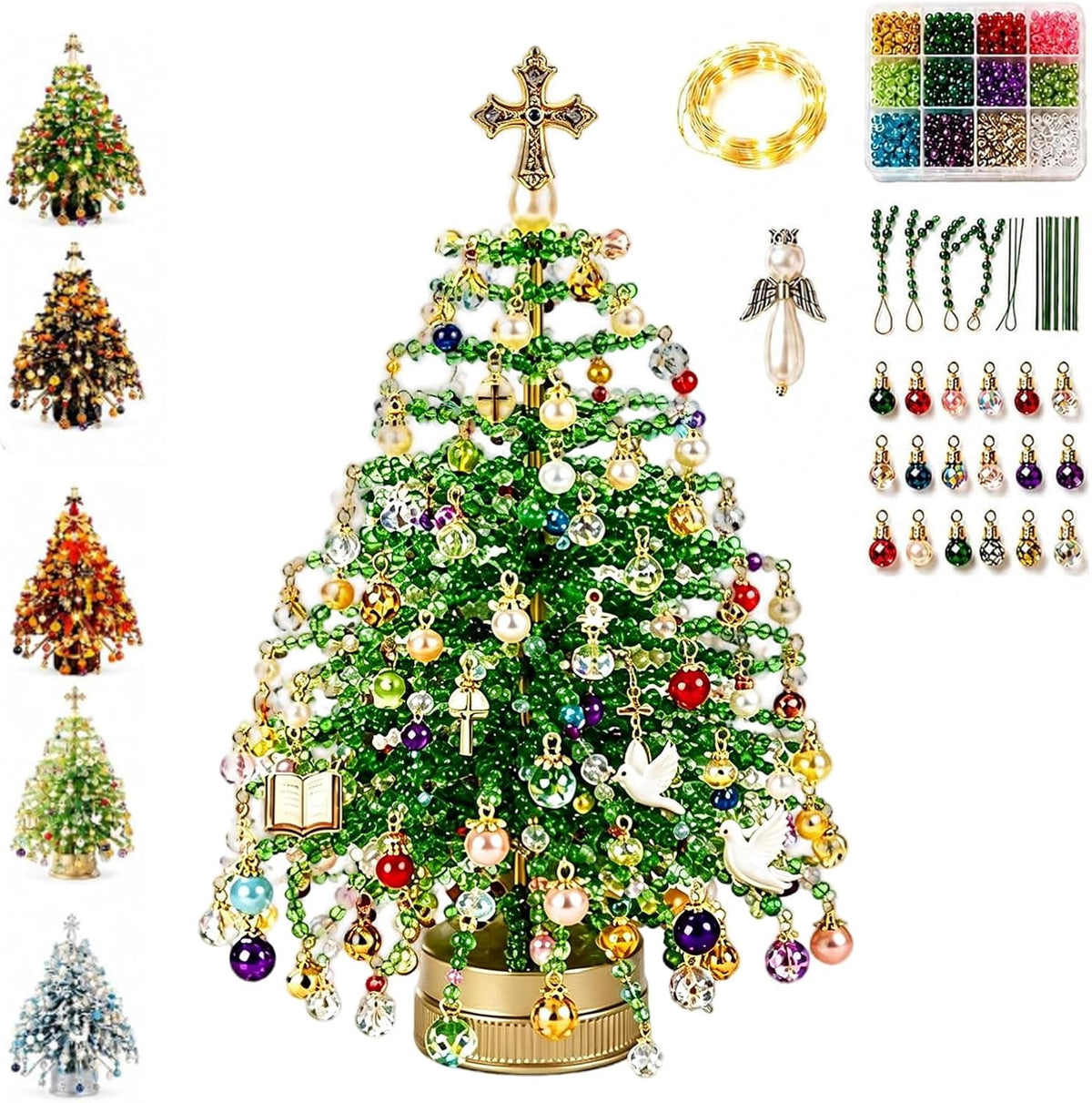Jingle Beads, Beaded Xmas Tree Kit, Crystal Beaded Christmas Tree Lamp Kit, DIY Beaded ChristmasTree Kits Light Up, Metal Frame & Angel Topper Included, Tabletop Mini Decor
