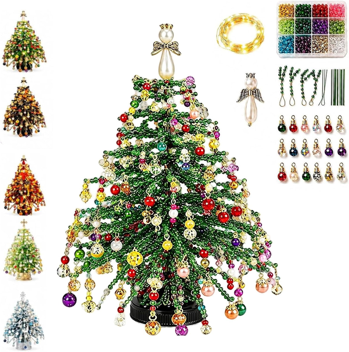 Jingle Beads, Beaded Xmas Tree Kit, Crystal Beaded Christmas Tree Lamp Kit, DIY Beaded ChristmasTree Kits Light Up, Metal Frame & Angel Topper Included, Tabletop Mini Decor