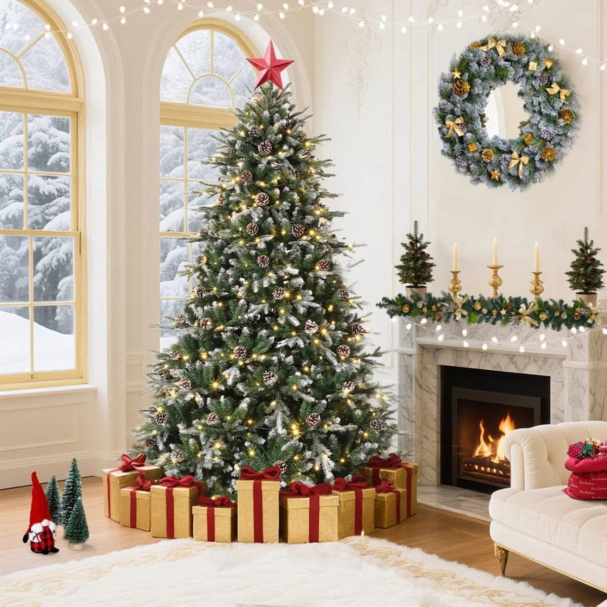 JoanKaren 7.5' Pre-Lit Green Artificial Christmas Tree,Metal Stand Full Xmas Tree with 600 Multicolor Lights