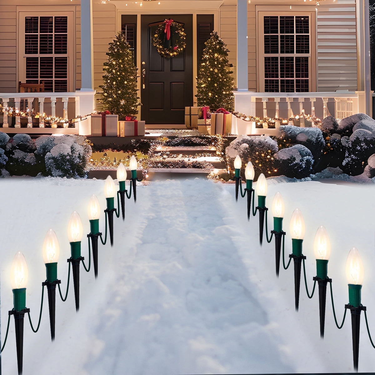 Joyfy Christmas Pathway Lights Outdoor,30.75 FT 24 Walkway Lights with Marker Stakes,Outdoor Christmas Lights for House Warm White Christmas Decorations