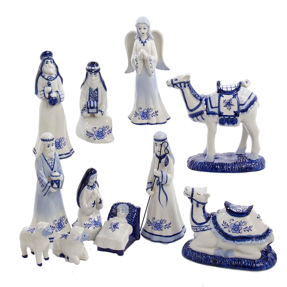 Kurt Adler 11-Piece Porcelain Delft Blue Nativity Set, 1.97"–6.7" – Holiday Christmas Figurines