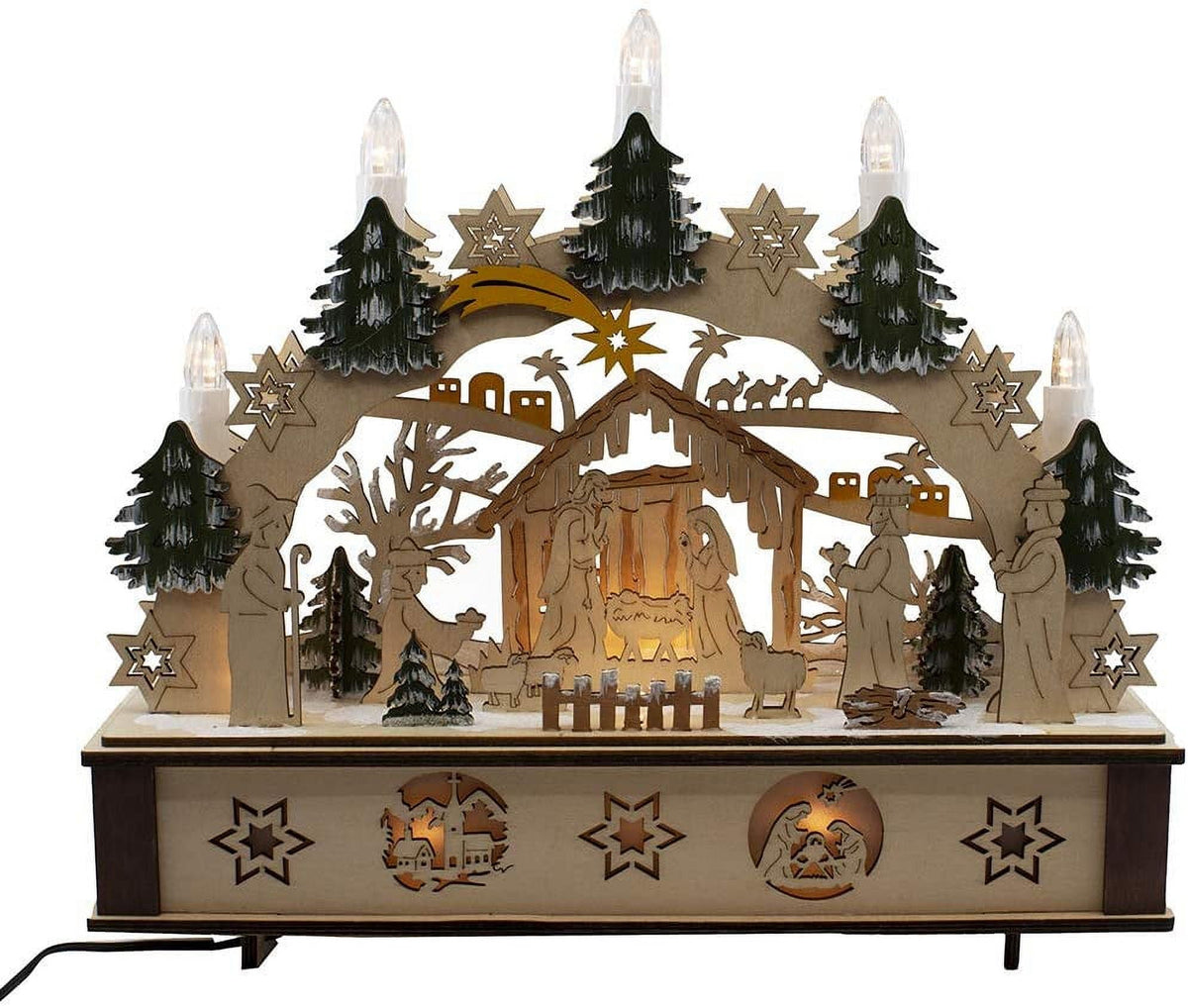 Kurt Adler 11-Inch Battery-Operated Light-Up Wooden Nativity Scene with Candles