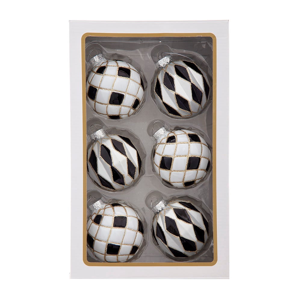 Kurt Adler 80MM Glass Black, White and Gold Checkered Ball Ornaments, 6-Piece Box