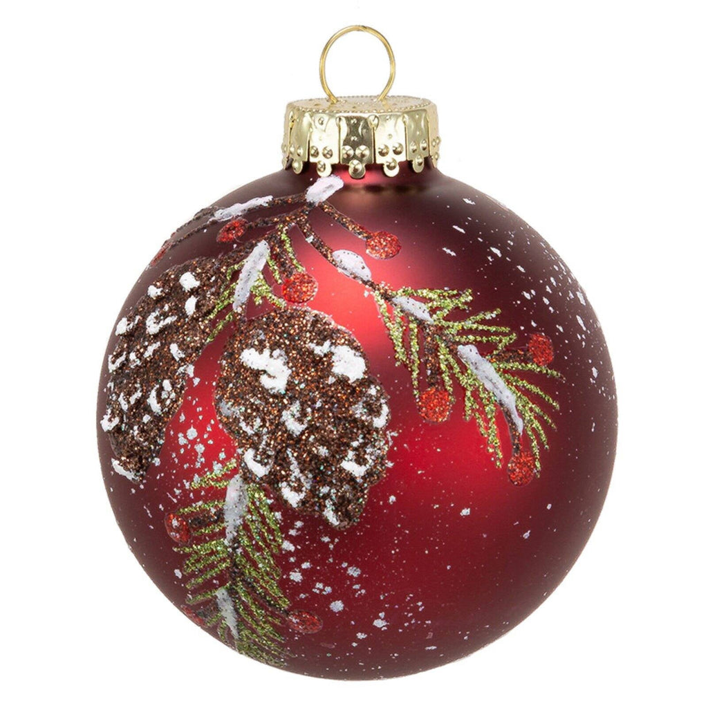 Kurt Adler 80MM Glass Red With Pinecone Design Ball Ornaments, 6 Piece Box Set
