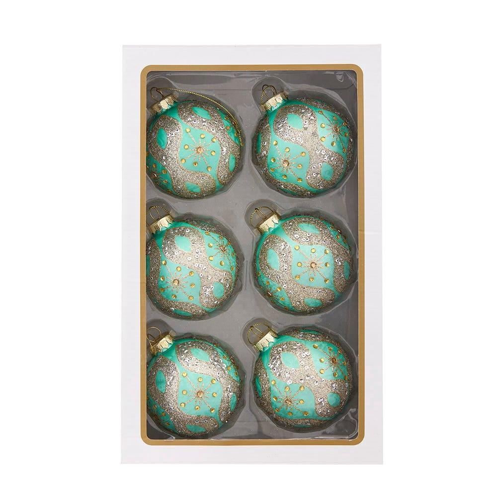 Kurt Adler 80MM Glass Teal and Blue Glass Ornaments, 6-Piece Box