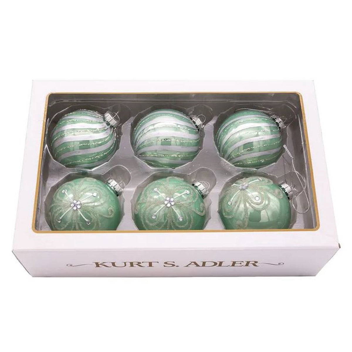 Kurt Adler 80MM Silver and Pale Aqua Embellished Ball Ornaments, 6 Piece Set