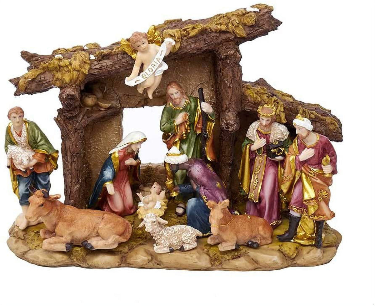 Kurt S. Adler Resin Stable- Kurt Adler Nativity Set with Figures, Brown, 10.38in, 11-Piece