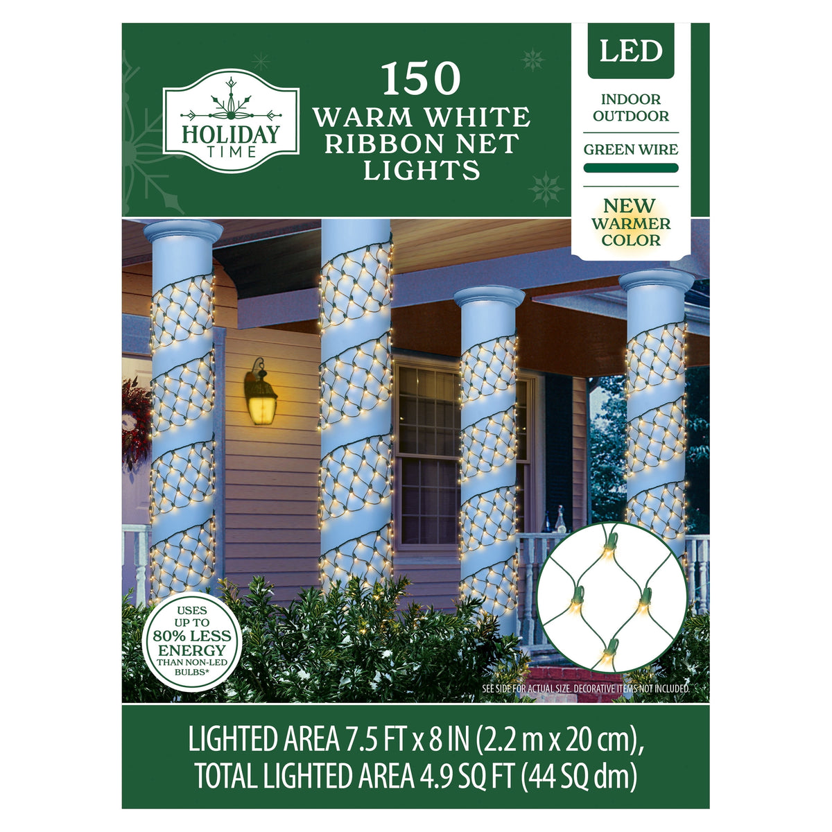 Indoor/Outdoor 150-Count LED Ribbon Christmas Net Lights, Warm White, Green Wire, 7.5' x 8", by Holiday Time