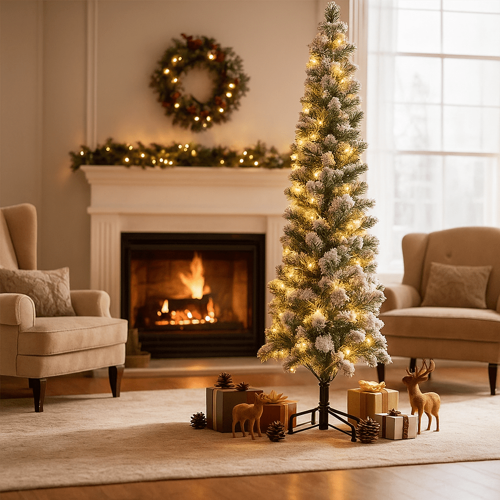 LIFERECORD 6ft Prelit Artificial Hinged Slim Pencil Christmas Tree with 250 Lights, 571 Full Branch Tips, 8 Warm Lingting Motes Perfect Decoration for Xmas Holiday, Green
