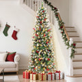 Aufeile 6ft Pencil Christmas Tree, Slim Pre-Lit Xmas Tree, 200 LED Lights, 600 Hinged Tips, Pine Cones, Berries, Metal Stand